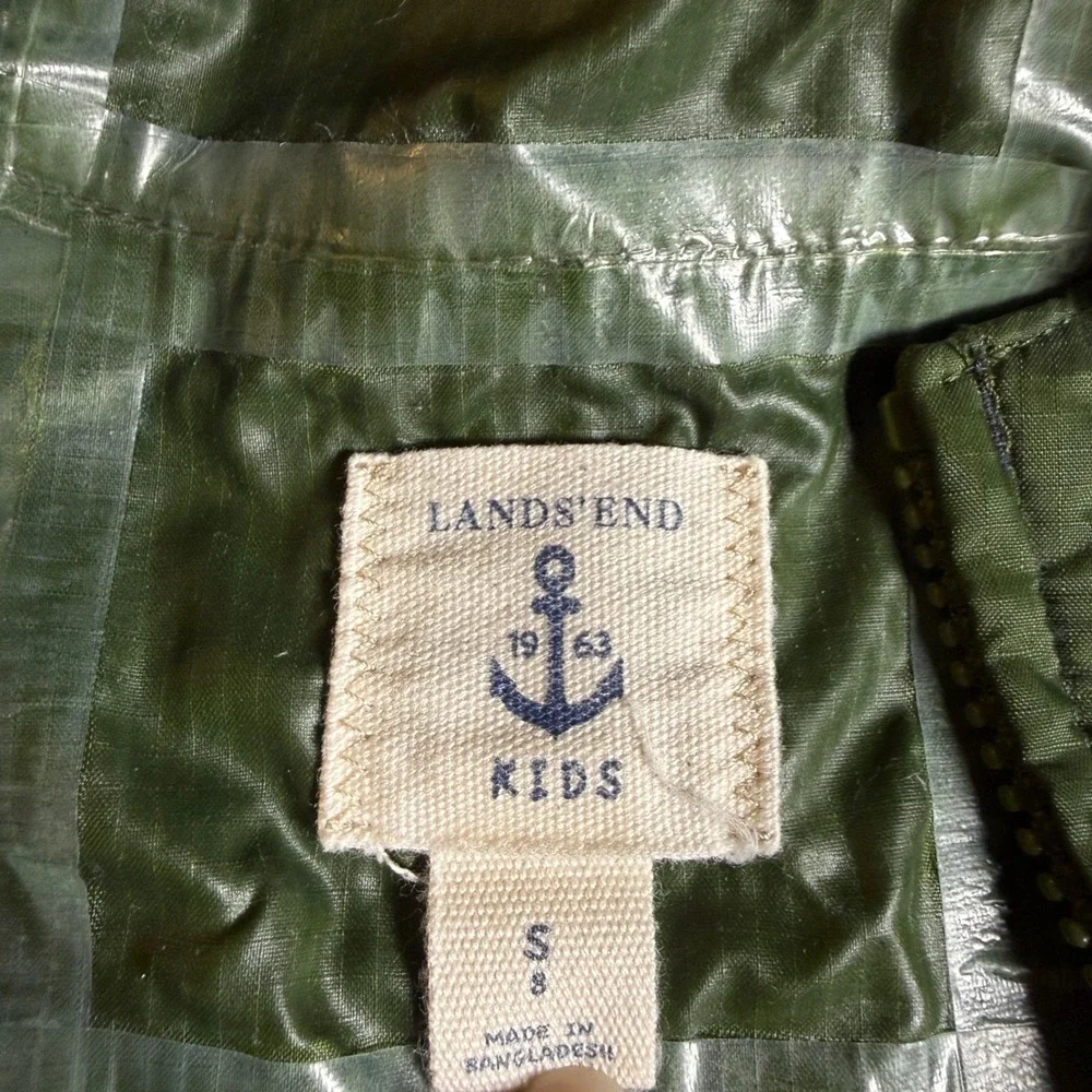 Lands' End Rain Jacket Kids Small 8 Green Hooded Full Zip Windbreaker Packable